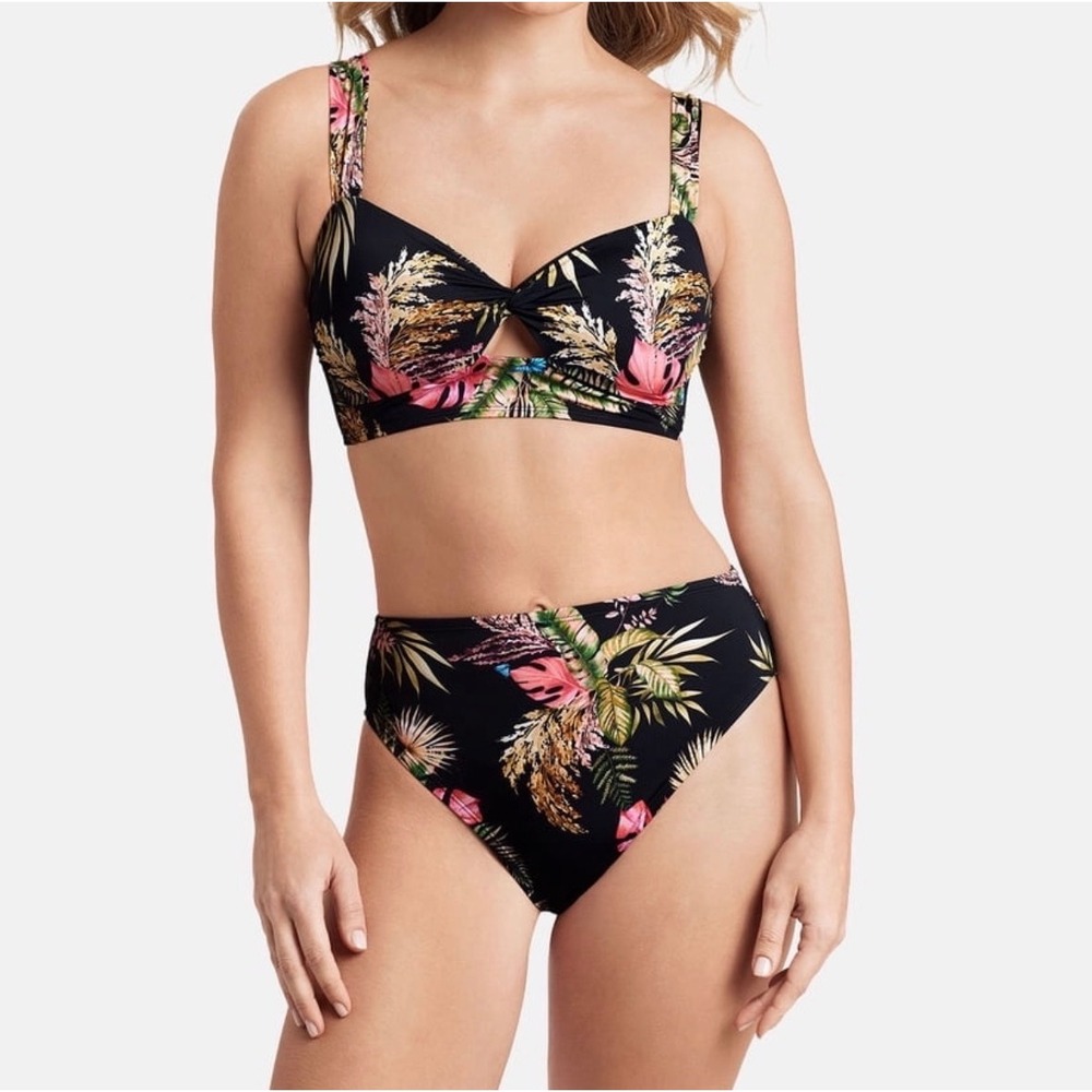 Sofia Vergara Bikini Set Women M Black Tropical Floral High Waist Cheeky 2pc NEW